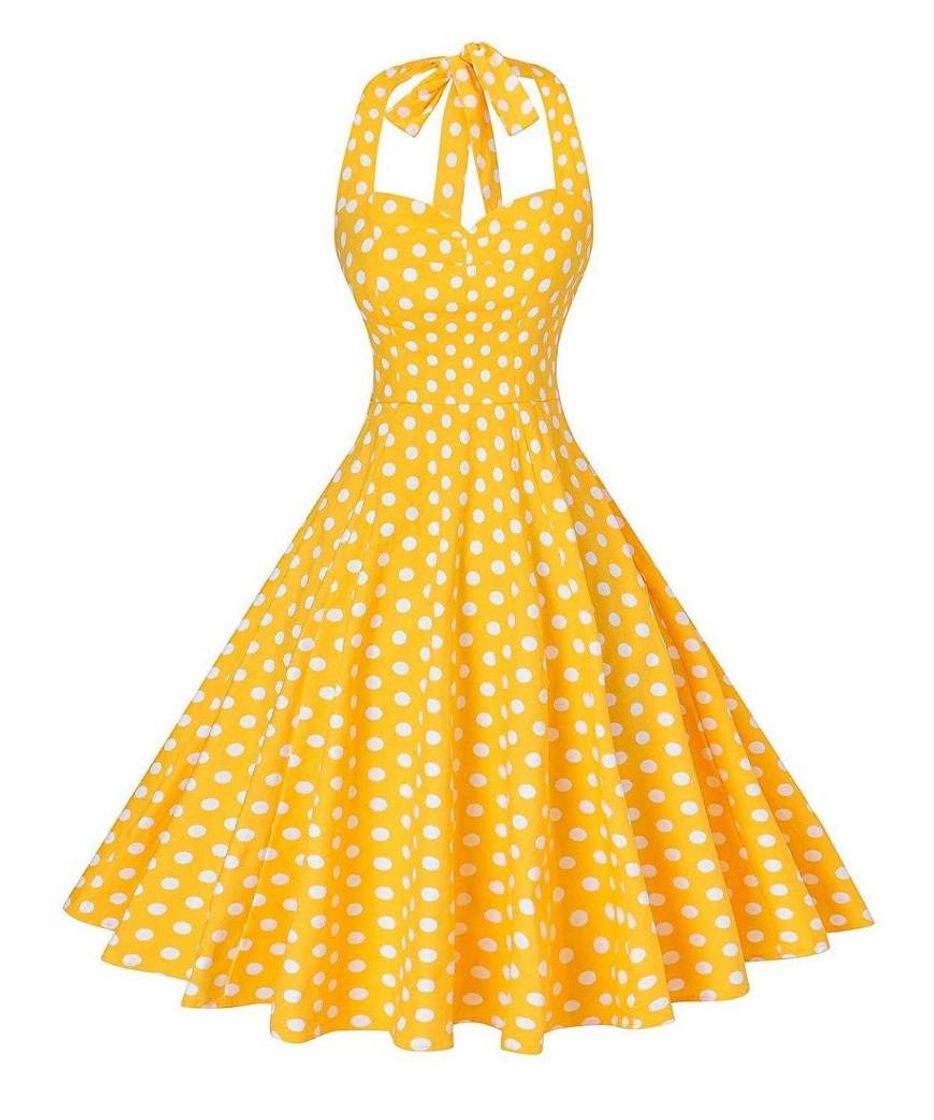 Fashion Vestido amarelo bolinhas brancas