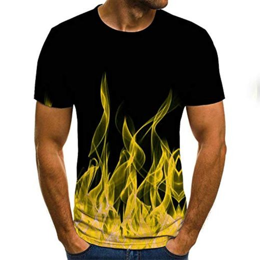 Camiseta Masculina Amarela Flame Verão Casual Preta 3D Masculina Camiseta Top Street