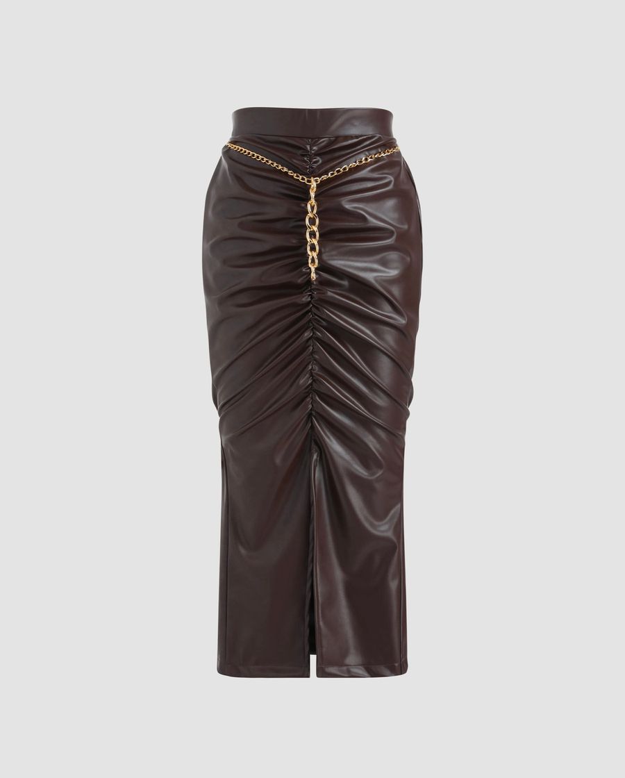 Fashion faux leather chain midi skirt