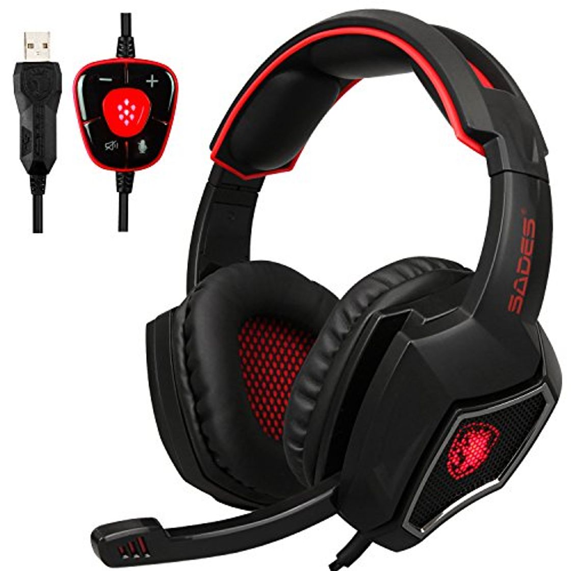 Producto Spirit Wolf USB est¨¦reo de sonido sobre auricular de juegos de o¨ªdo con micr¨®fono para PC en rojo negro