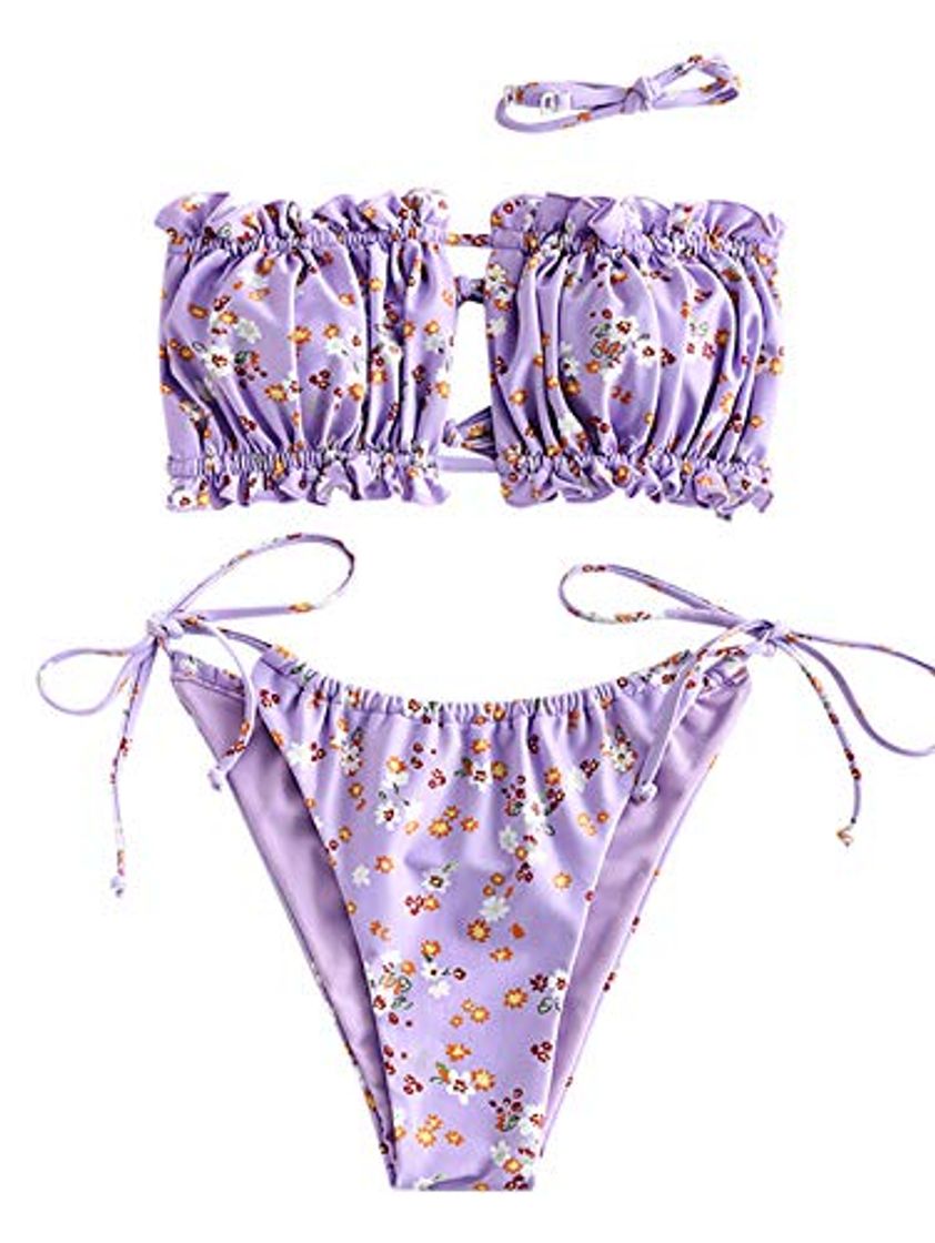 Fashion ZAFUL Bikini bandeau Floral Lace Up Ruched para mujer morado L