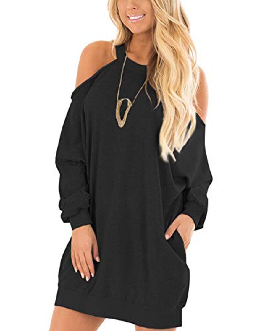 Fashion YOINS Vestido Mujeres Hombro Frío Elegante Moda Camisetas Manga Larga Cuello Redondo Túnica Tops Color Sólido Suéter Negro M