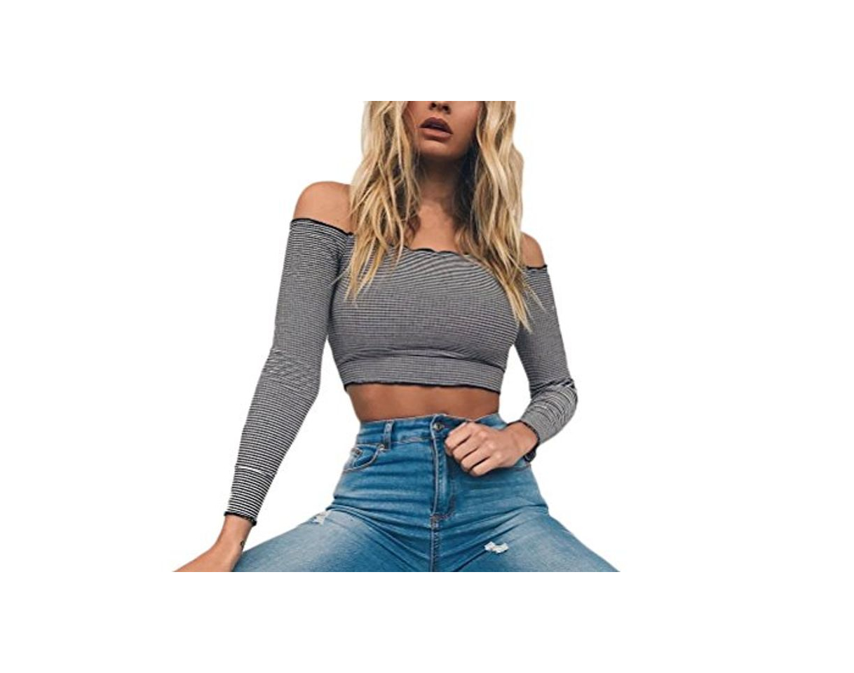 Moda Mujer Crop Top Elegante Rayas Slim Fit Tumblr Camisetas Off Shoulder Backless