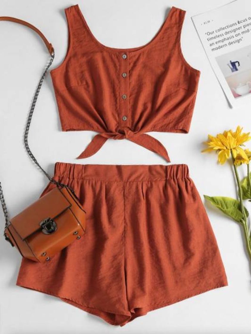 Fashion Set Top Corto Sin Mangas Y Shorts En Naranja 