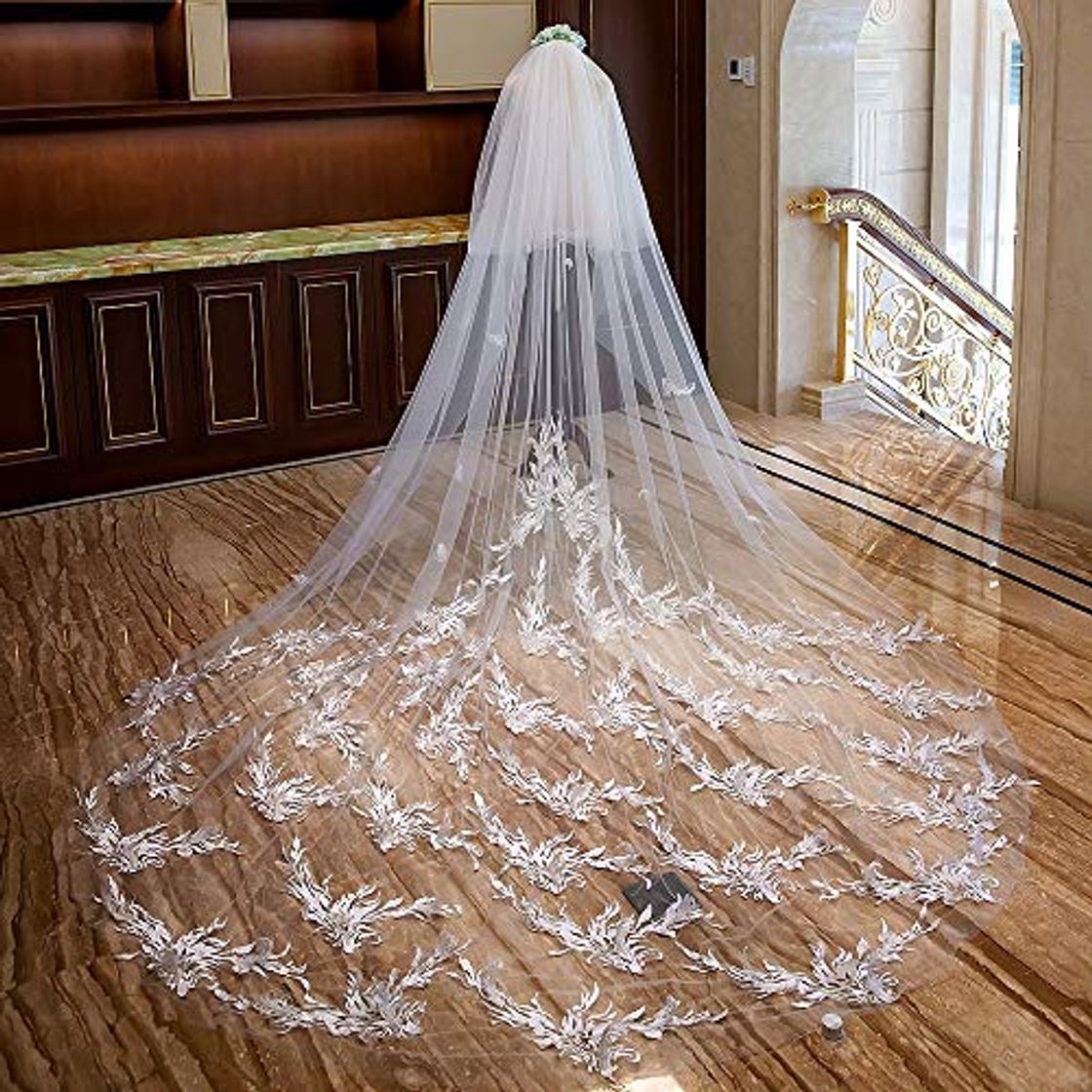 Fashion YAzNdom Velo de Novia Velo De Novia Blanco Marfil Largo Suave Elegante Peinado Velo Mantón De Encaje Bordado Vestido De Catedral Bola De Tul con Accesorios De La Boda Velo de Novia de la Boda