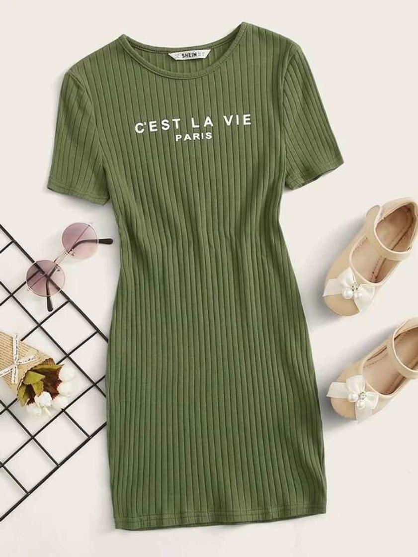 Moda Verde de Exercício Malhado slogan Casual Vestido | SHEIN | 