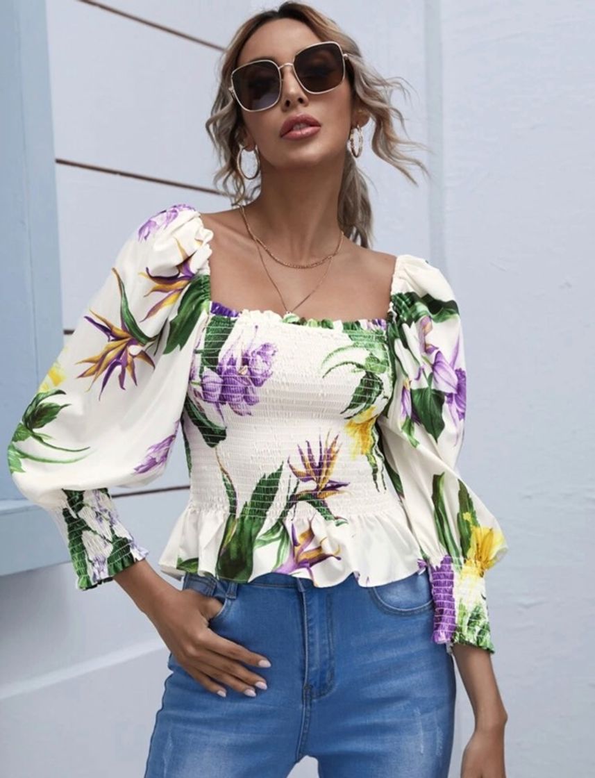 Fashion Blusa floral com manga bufante✨