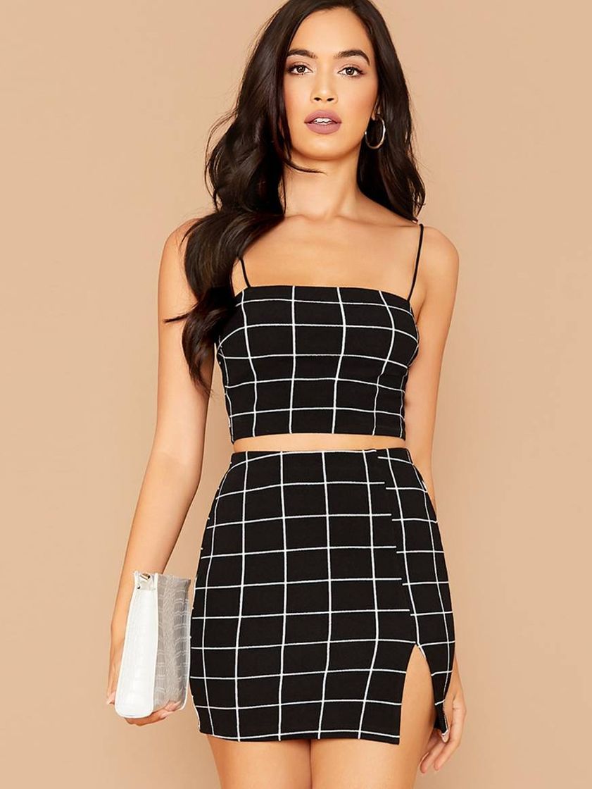 Social Shein Grid Printed Cropped