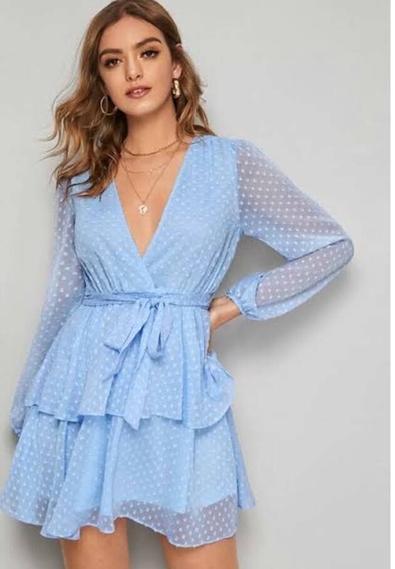 Social Surplice Wrap Layered Ruffle Hem Belted Swiss Dot Dress