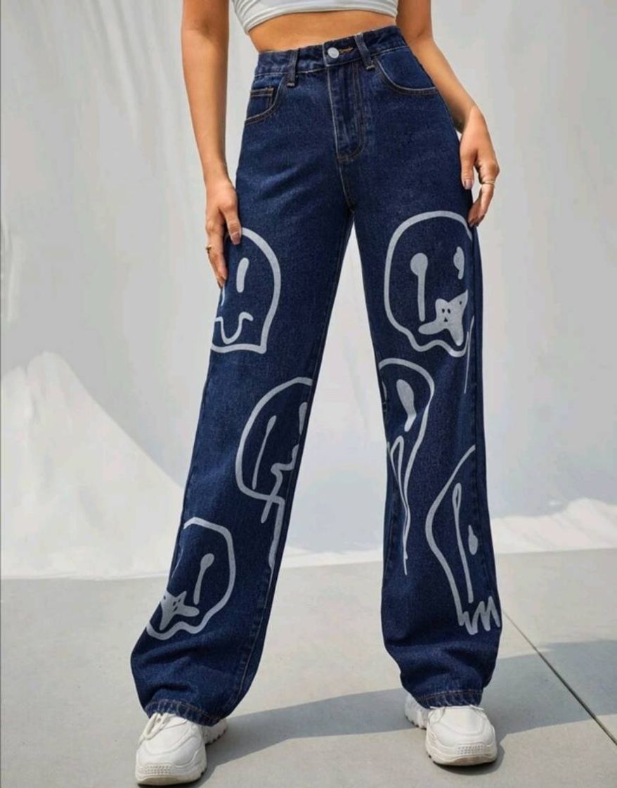 Fashion Calça jeans Cintura Alta Com Estampa Smile ☺️