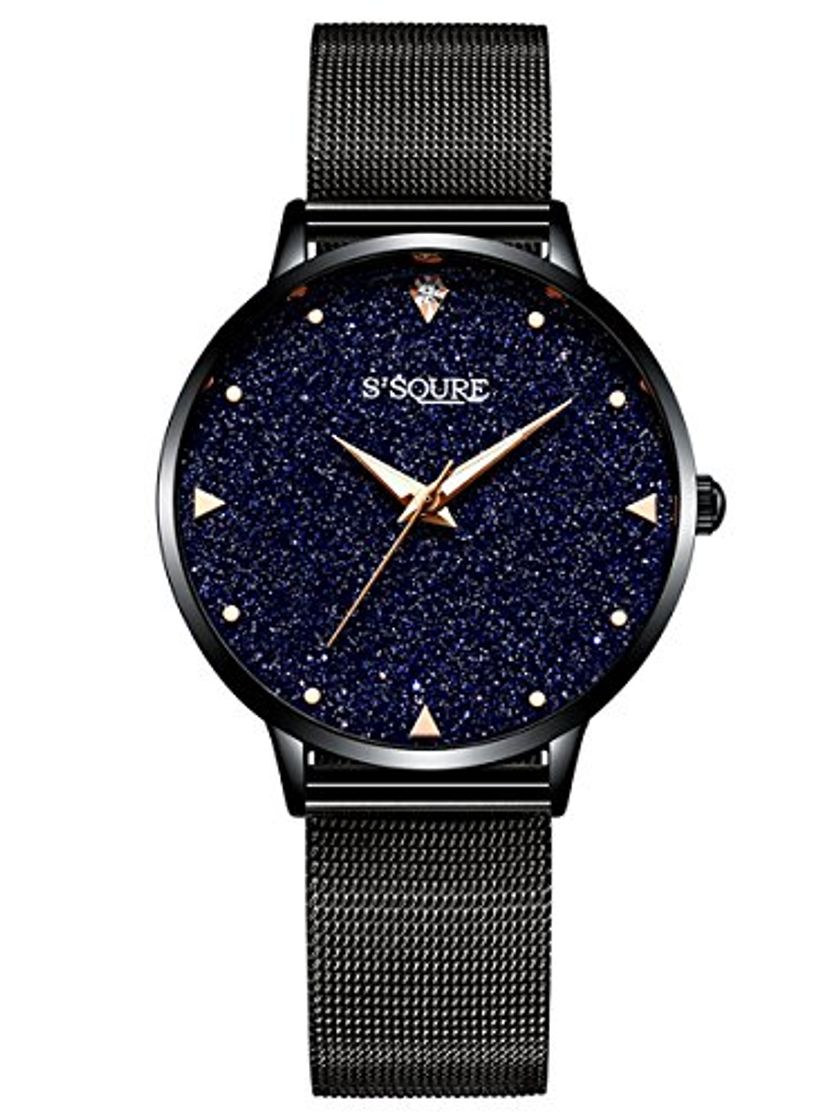 Product Alienwork Reloj Mujer Relojes Acero Inoxidable Banda de Malla Metálica Negro Analógicos Cuarzo Impermeable Esfera del mármol Verdadero