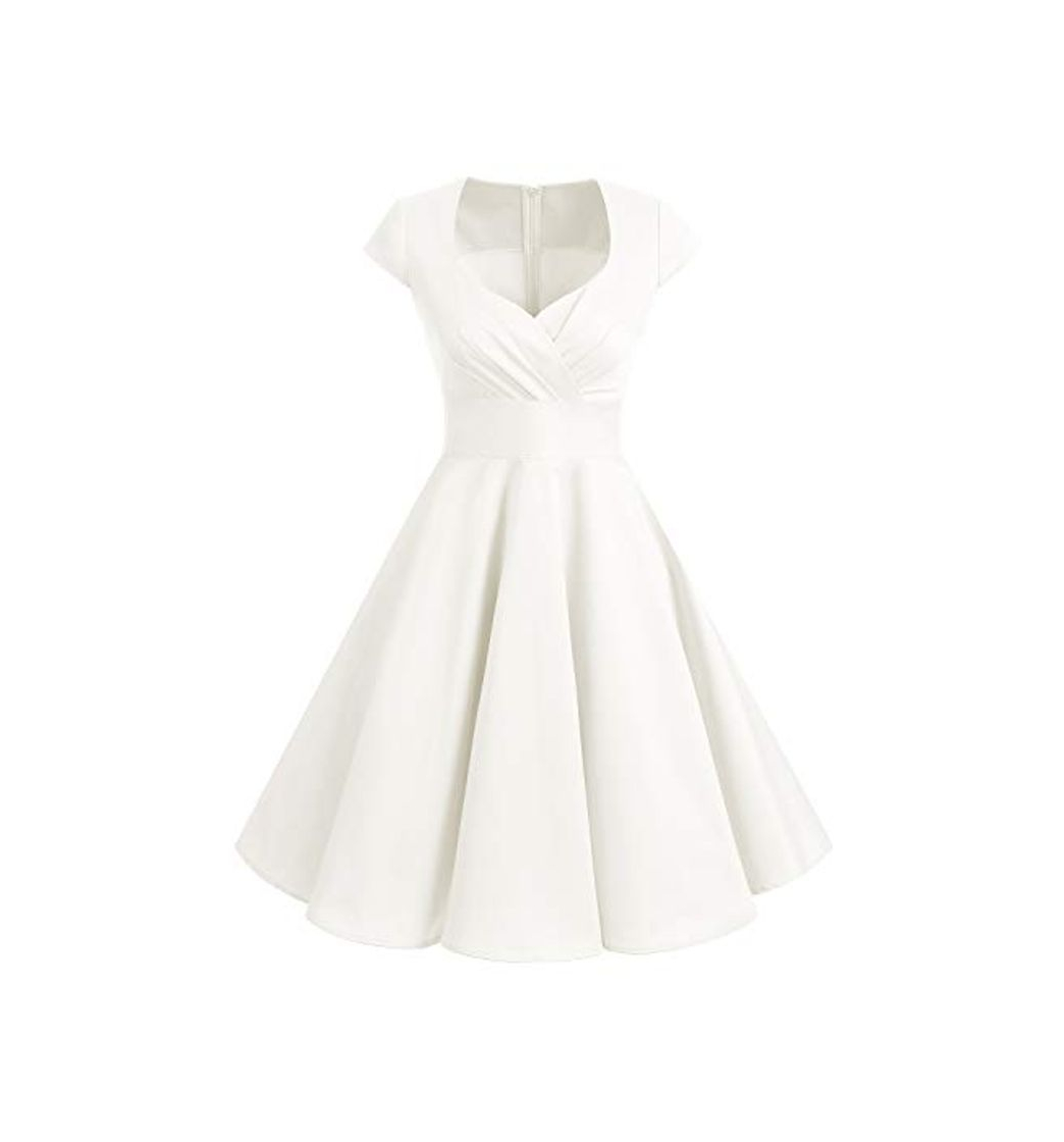 Moda Bbonlinedress Vestido Corto Mujer Retro Años 50 Vintage Escote En Pico Off White XL