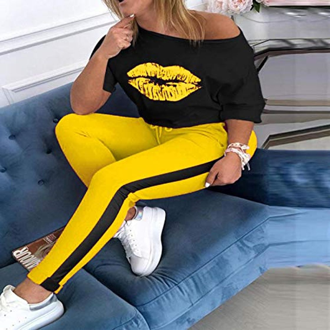 Social Pantalones Jeans Conjuntos De Chándal con Estampado De Labios De Mujer Ladysummer
