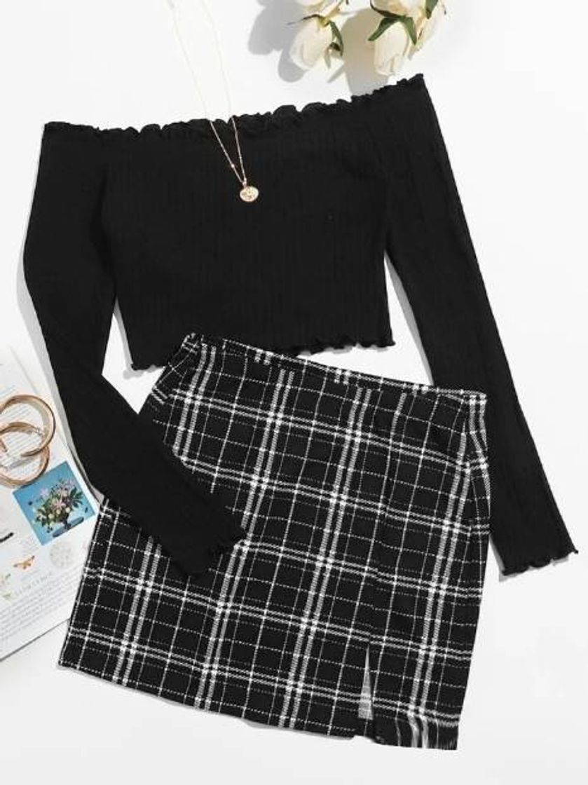 Social conjunto de cropped de manga longa com saia