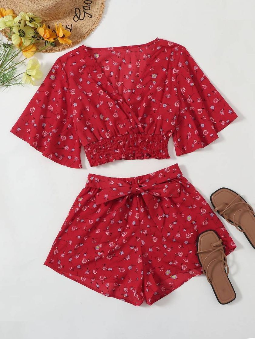 Moda Conjunto Shein vermelho florido