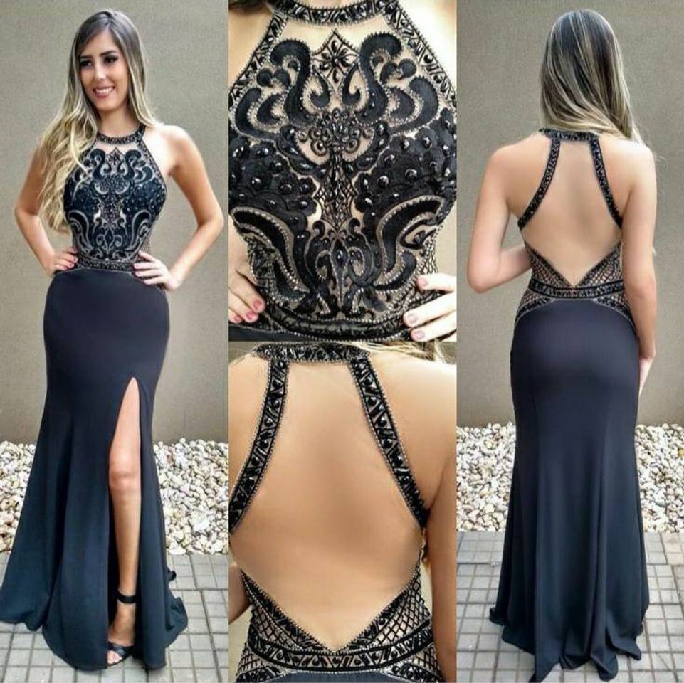 Moda Vestido Preto, bordado com Pedrarias e com super decote