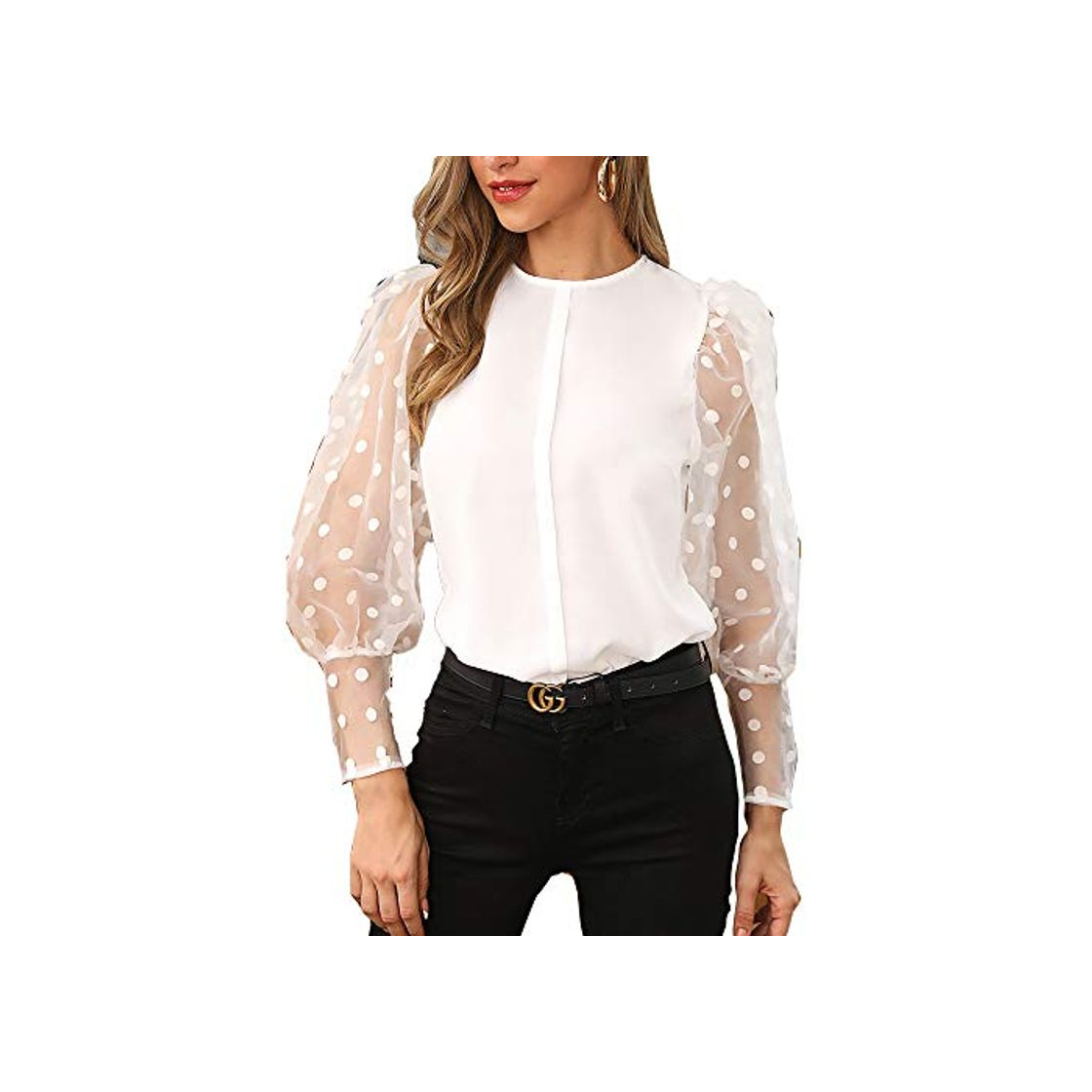 Fashion Blusa Manga Larga Transparente con Puntos para Mujer Camisa Mujer Elegante Moderna