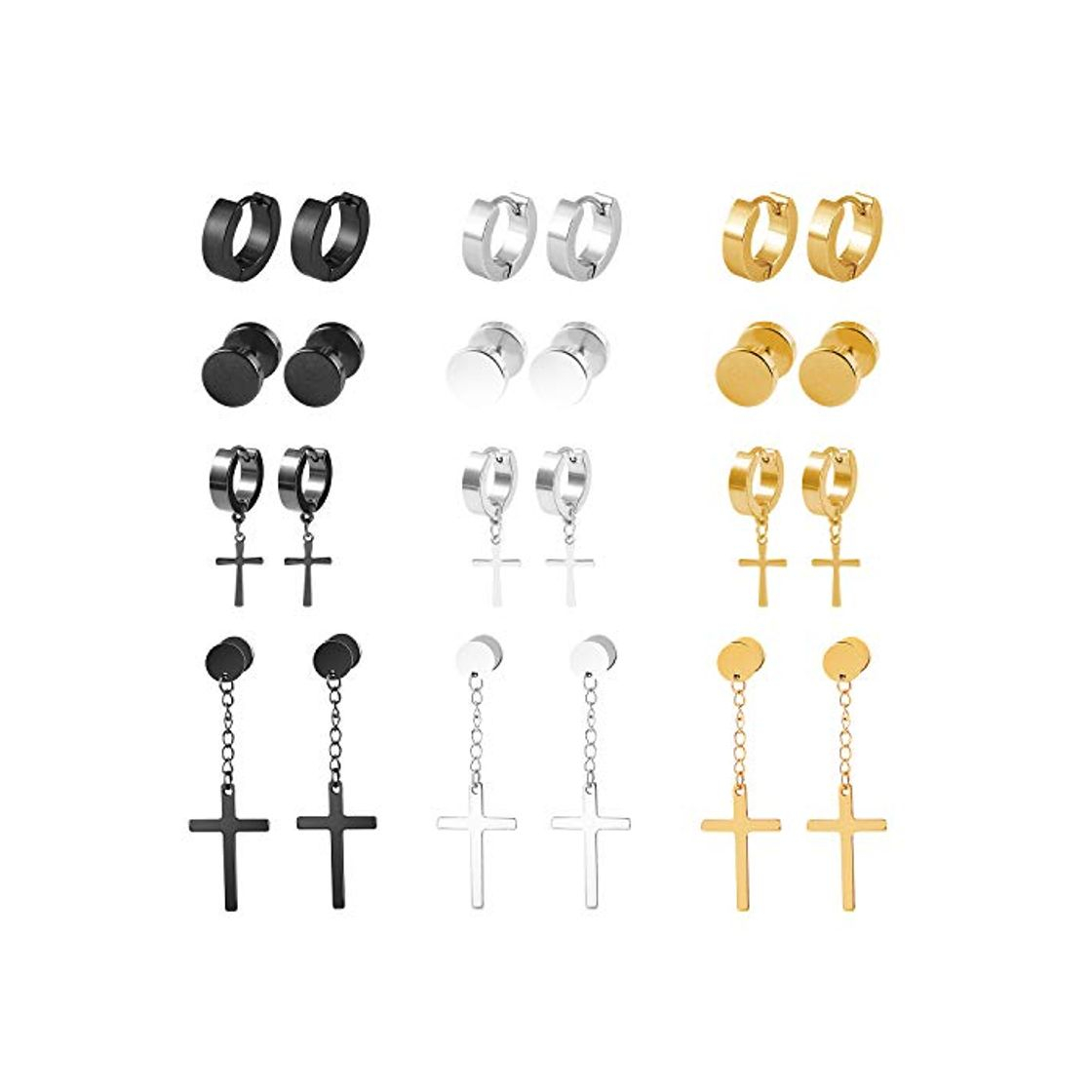 Products 12 Pares Aretes Pendientes Piercing de Acero Inoxidable para Hombres Mujers Unisex Pendientes Oro Plata Negro Cruz Colgante Redondo Earrings