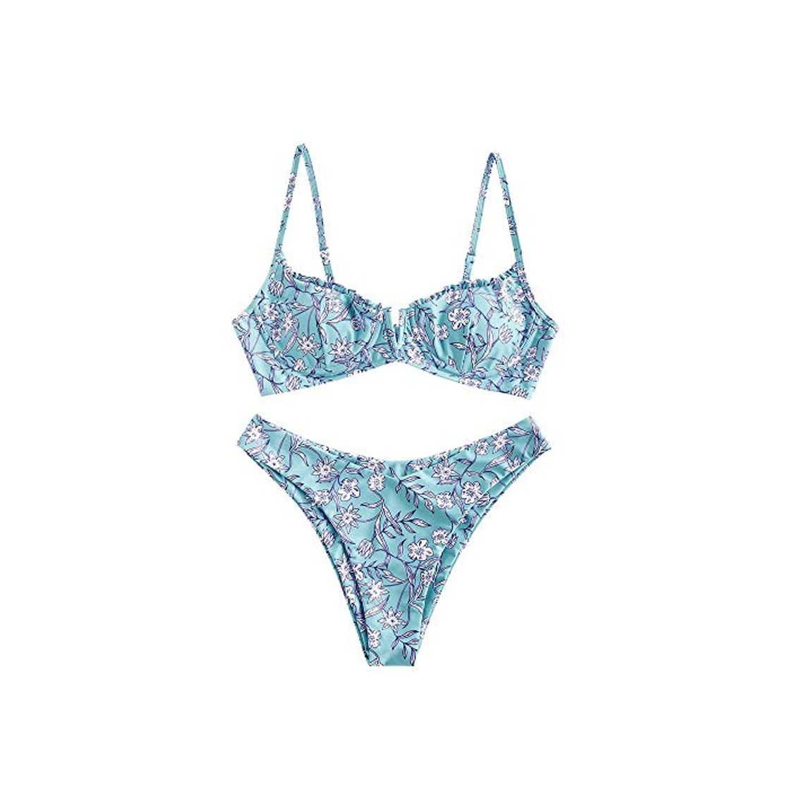 Fashion ZAFUL Bikini Set de dos piezas Floral corte alto Bikini con arco & V Bañador para mujer azul claro M