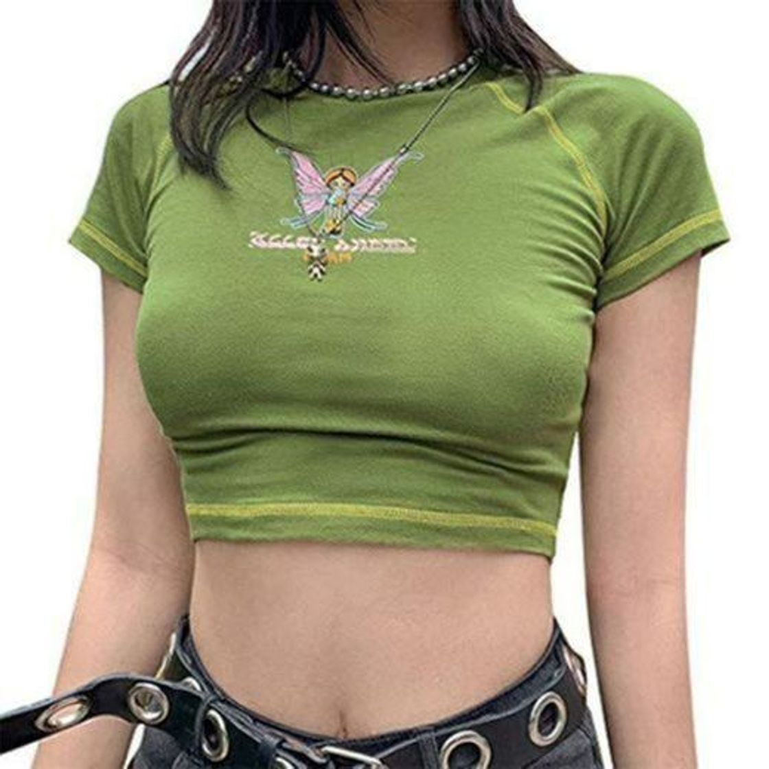 Fashion GuliriFe Mujeres E Niñas Ropa Mariposa Impresión Gráfica Stich Manga Corta Y2K Crop Top para Teen Girls Verano Green Short Sleeve M