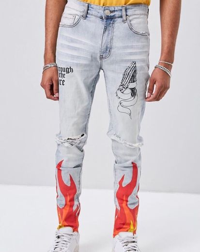 Flame Graphic Distressed Jeans