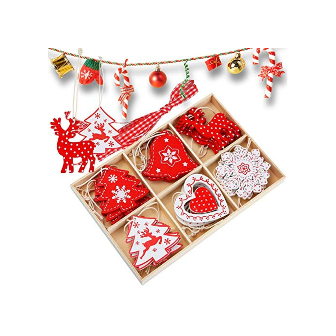 Productos juehu 24 Pcs Decoracion Arbol Navidad Madera Navidad Adornos de Copos de Nieve Ahuecados Colgantes Decoración de Navidad de Manualidades Colgantes Renos de Navidad de Rojo Blanco Decoración de Fiesta