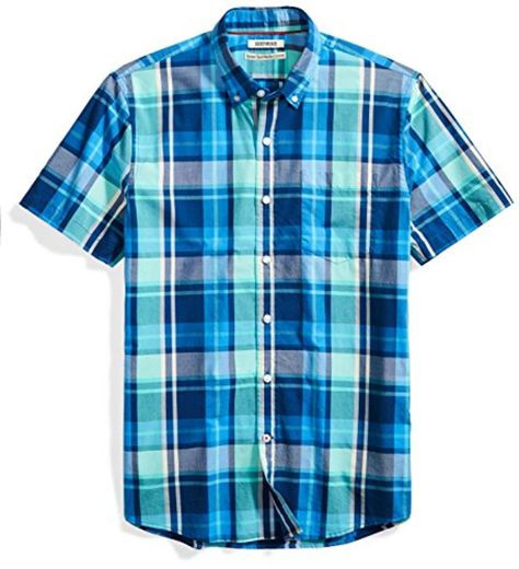 Goodthreads Standard-Fit Short-Sleeve Large-Scale Plaid Shirt Button-Down-Shirts, Azul/Aqua, US L