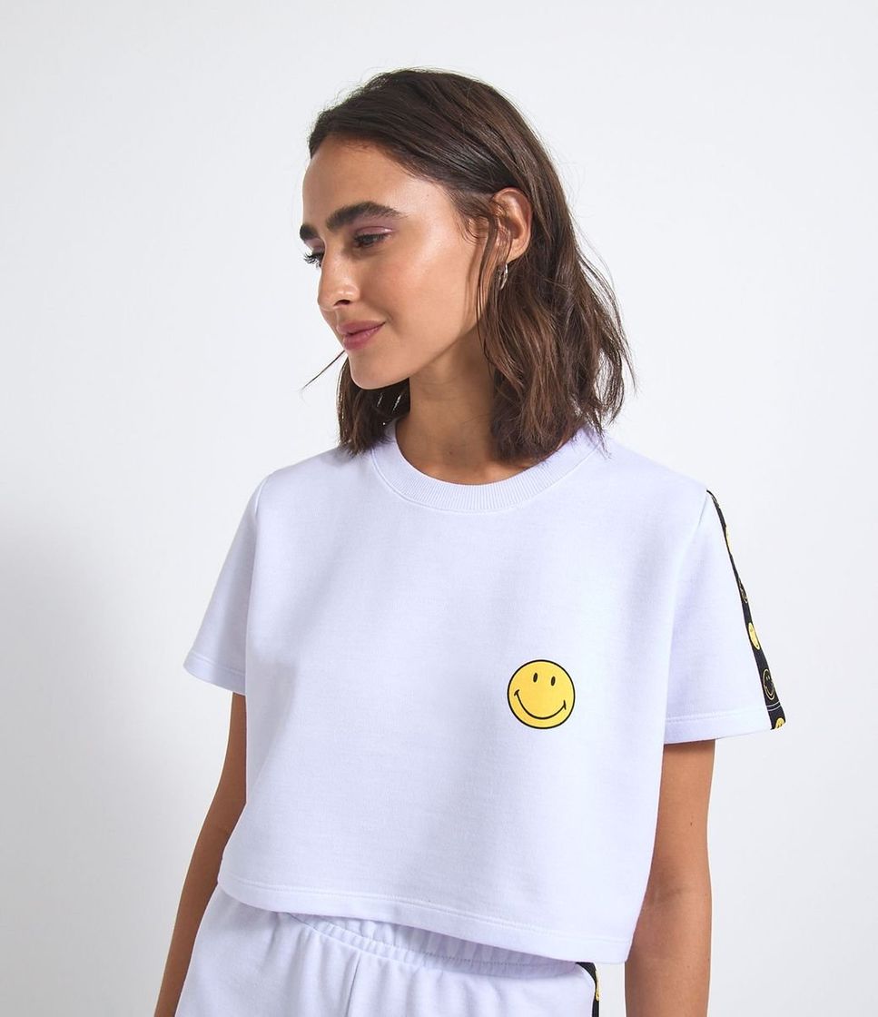 Fashion Blusa cropped gola redonda manga curta estampada smiley 