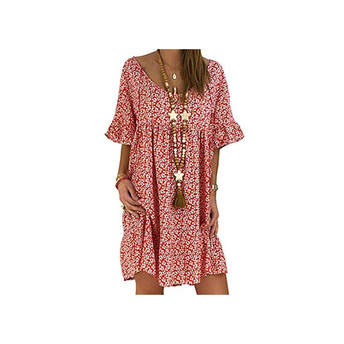 Moda riou Vestidos Mujer Verano 2020 Cortos Suelto de Gasa con Cuello Redondo y Manga Corta con Volantes Vestido Bohemio Casual Mini Vestido Playa Vacaciones