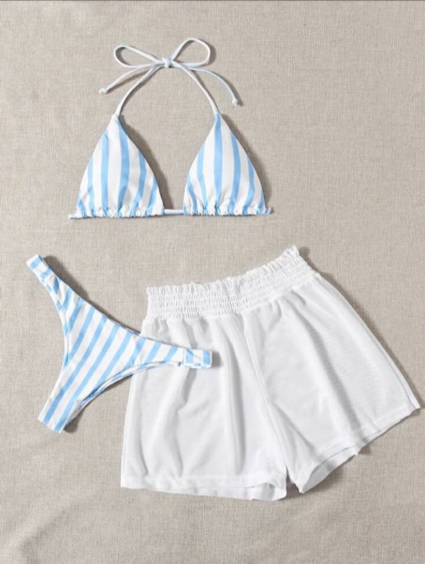 Moda Striped Triangle Bikini Swimsuit & Mesh Shorts | SHEIN USA