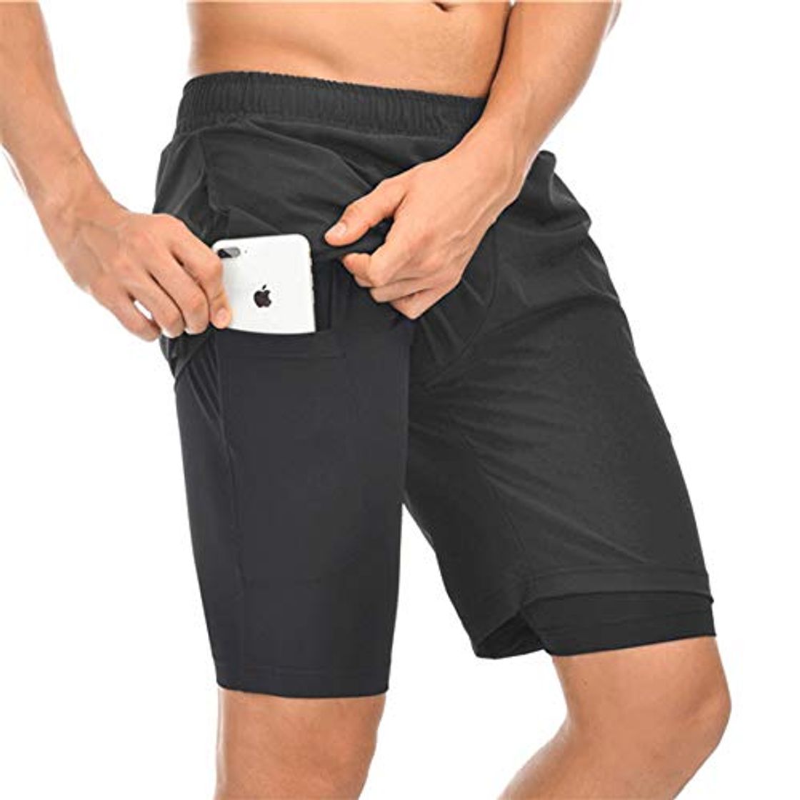 Moda Hombres Pantalones Cortos de Deporte 2-en-1, Pantalones Cortos Hombre 7" Corriendo Pantalones