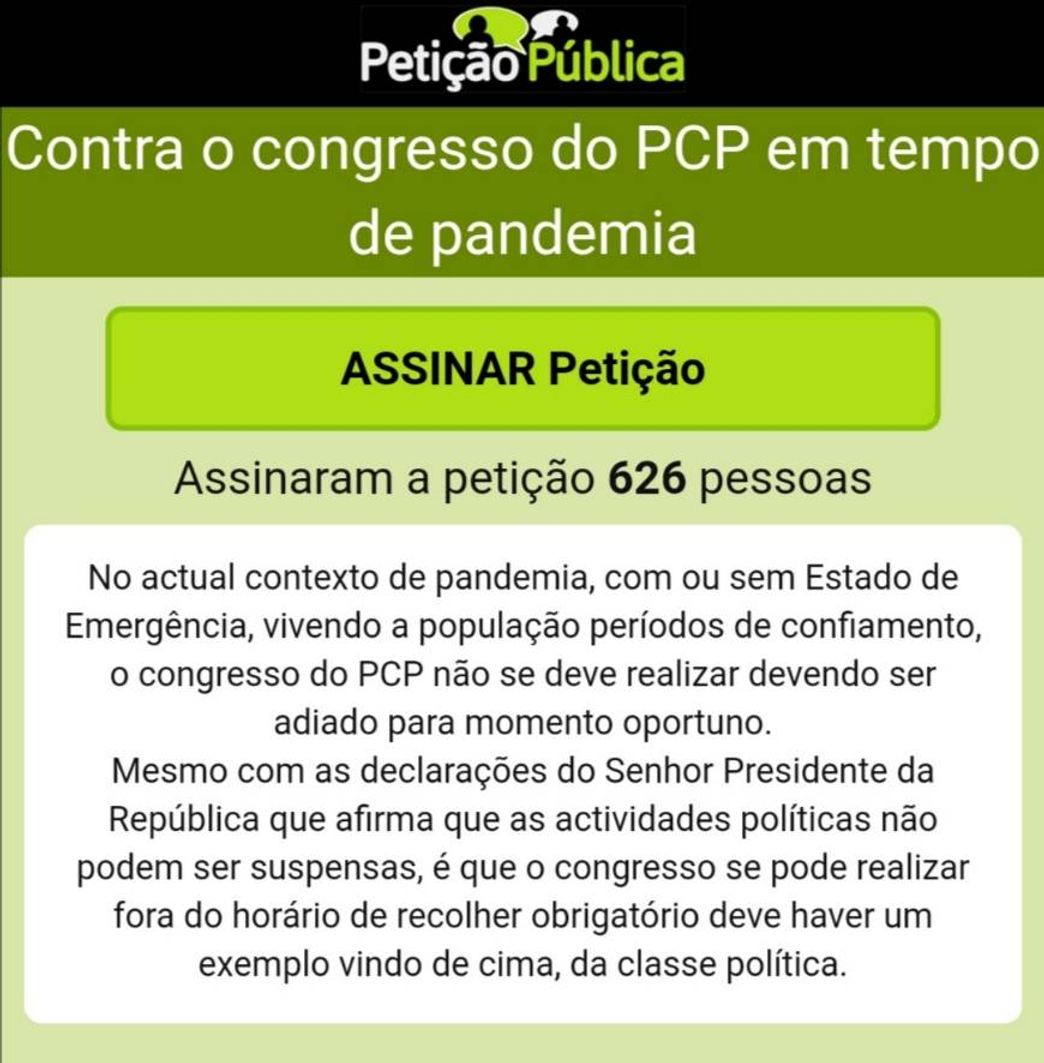 Moda Petição Pública: Contra Congresso do PCP durante a Pandemia