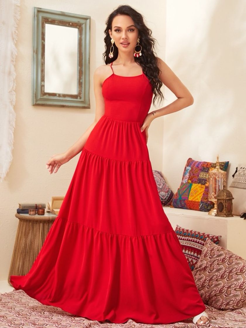 Fashion SHEIN Vermelho Amarrar Simples Boho Vestido 