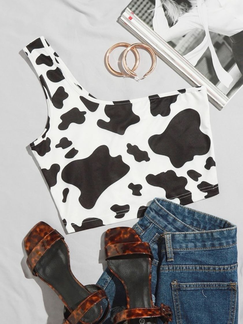 Fashion Blusinha de ombro estampa de vaquinha 🐄