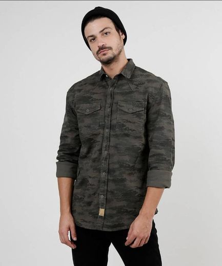 camisa de sarja masculina tradicional estampada camuflada 