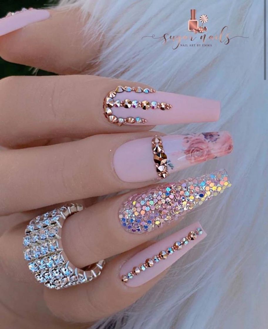 Fashion Unhas Rose diamante