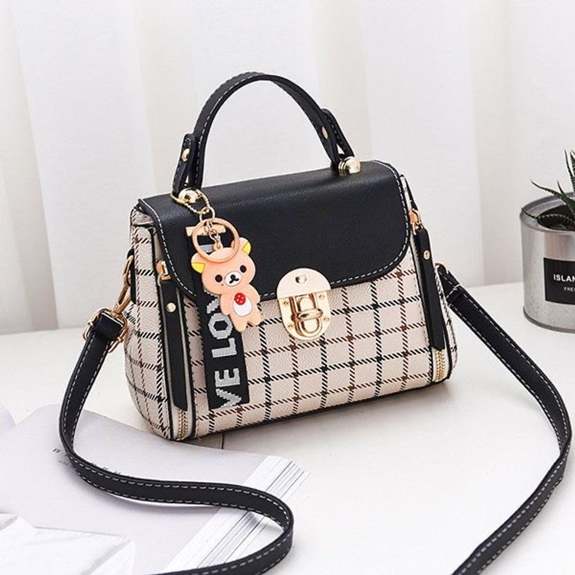 Fashion 👛 bolsa women plaid pu Leathear cute Bear crossbody bag