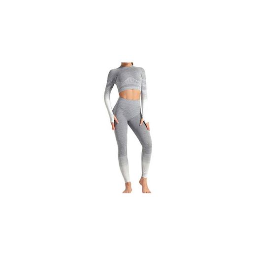 Conjunto Tops Yoga Seamless Gradient Yoga Top de Manga Larga Pantalon Deportivo