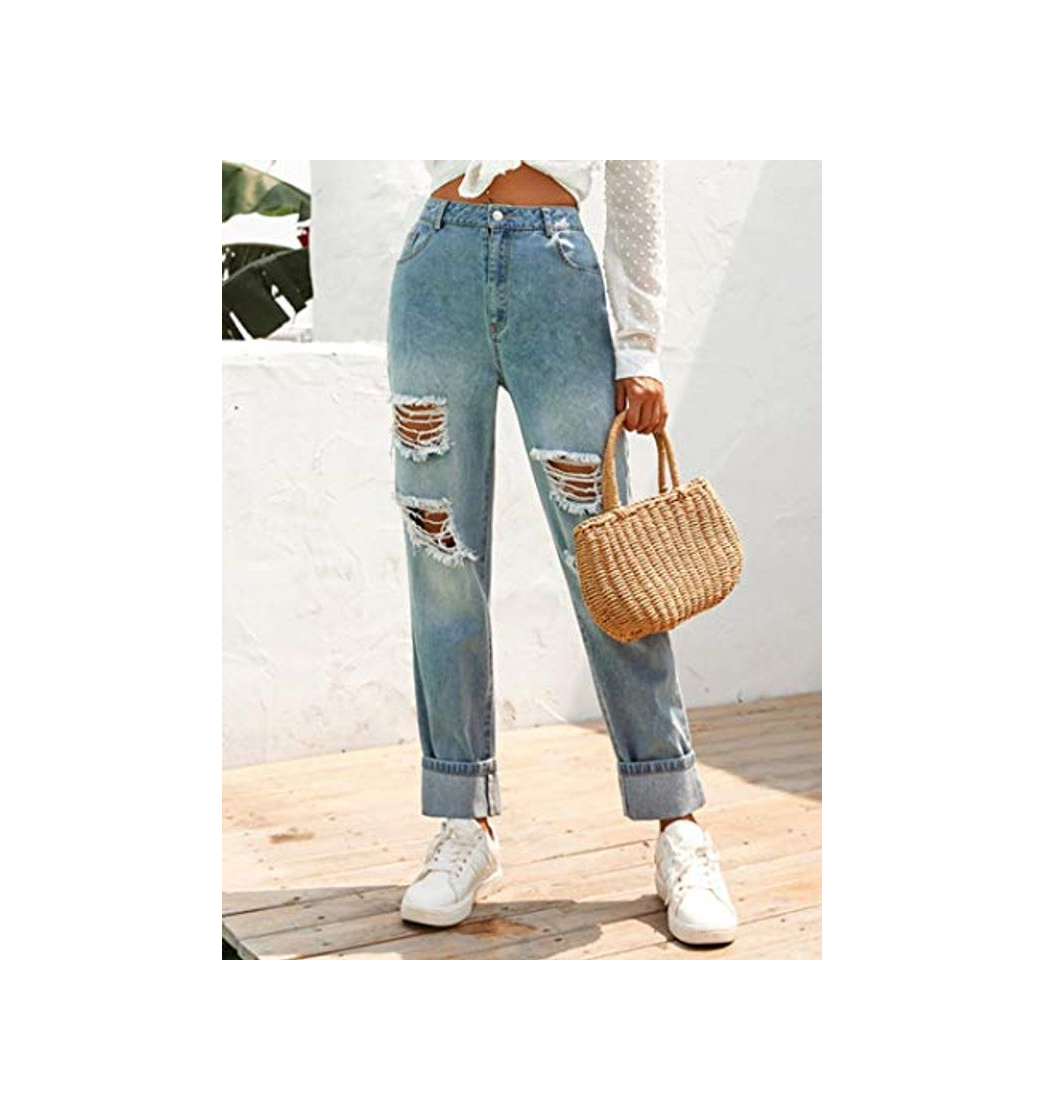 Moda Jeans Mujer Jeans Mom Rasgados Blanqueados De Alta Espera Ropa De Calle De Otoño E Invierno para Mujer Pantalones De Pierna Recta Pantalones Rasgados