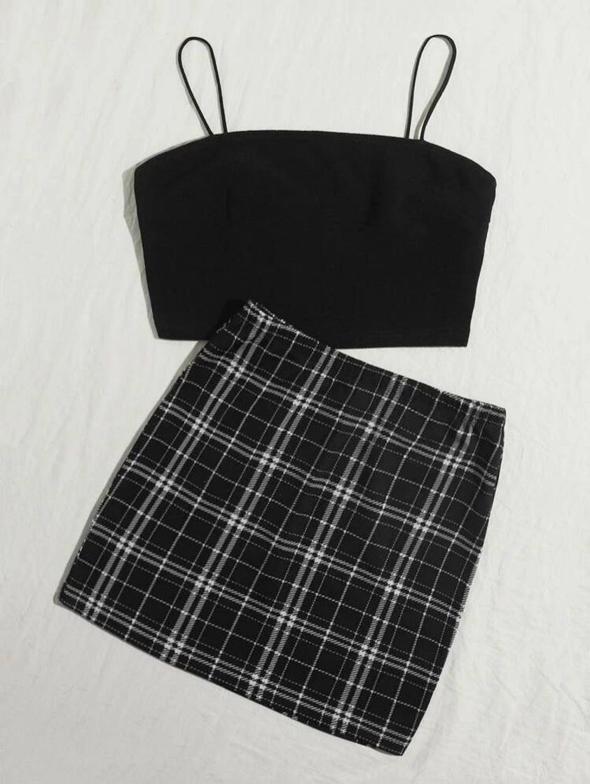 Moda Solid Crop Cami Top Plaid Skirt set p