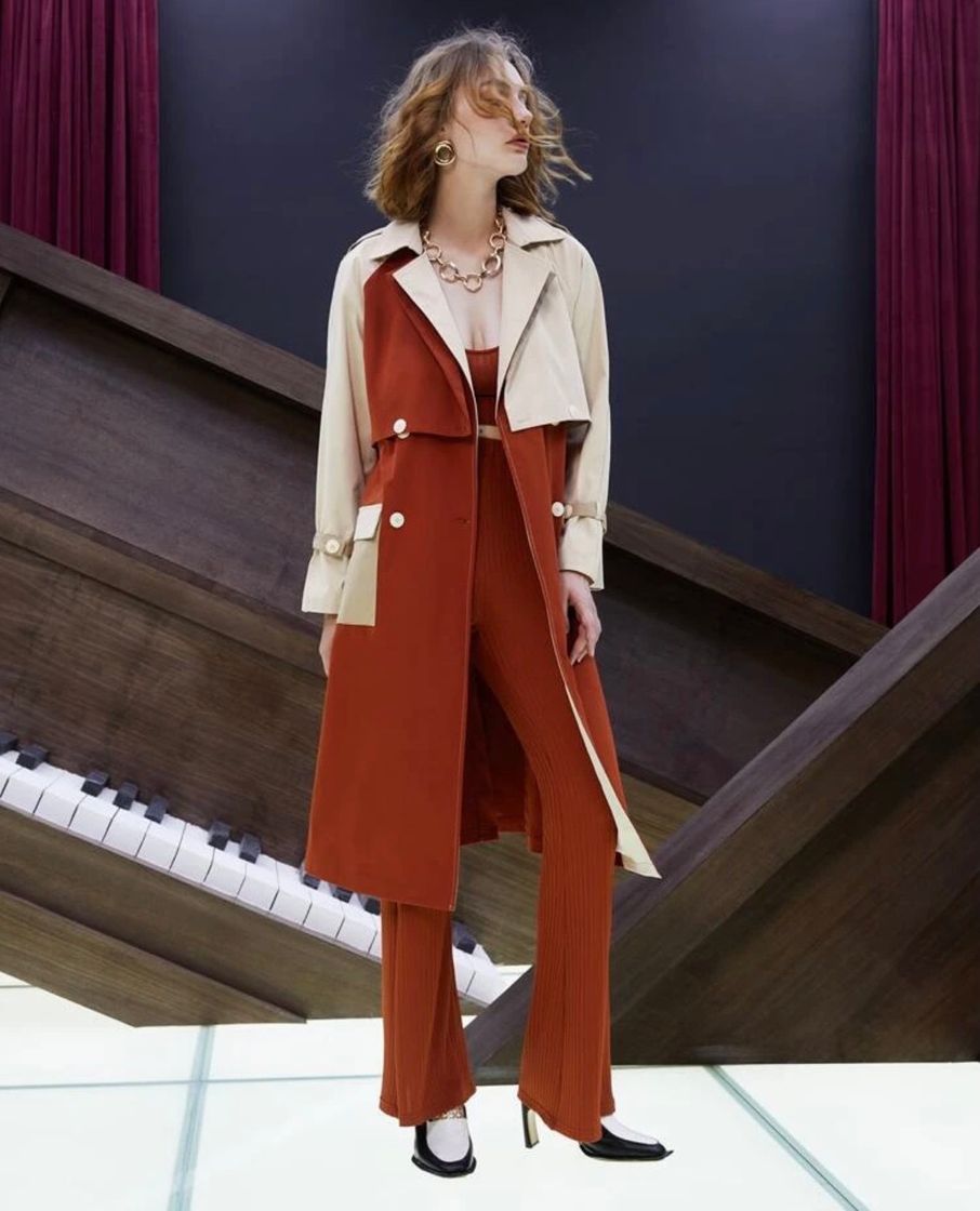 Fashion Split Hem Buckle Belted Colorblock Trench Coat | 