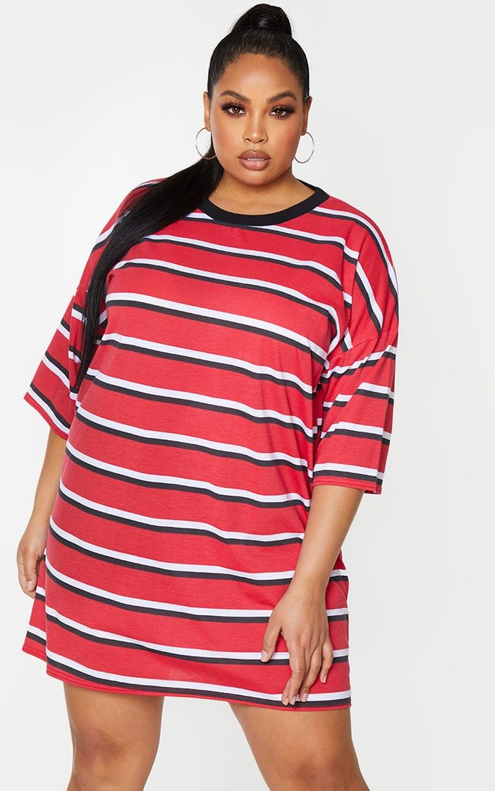 Fashion Red Contrast Stripe Oversized Boyfriend T Shirt Dress