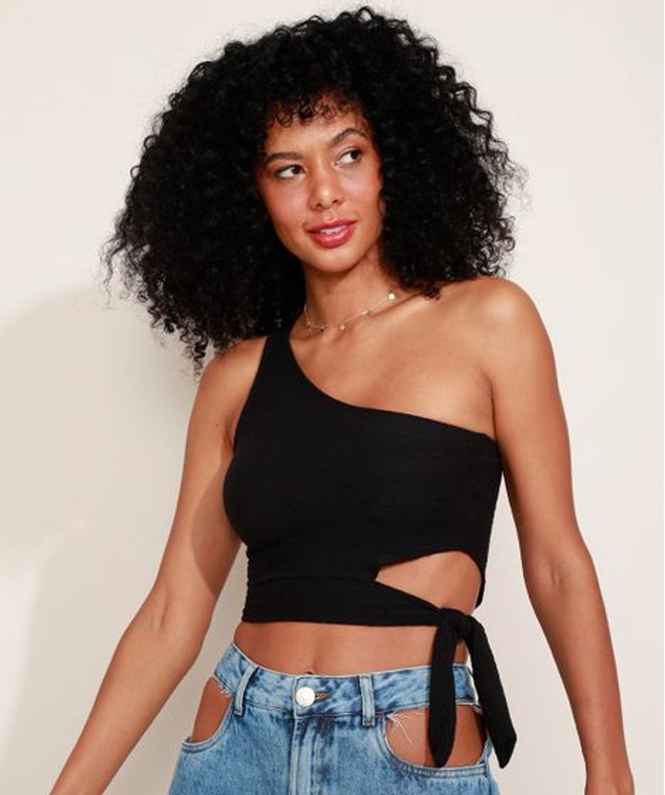 Moda Top cropped feminino um ombro só com vazado e amarração 