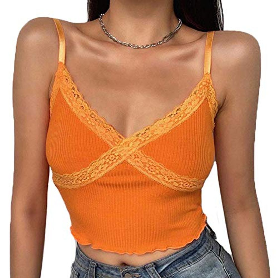 Fashion Camiseta corta de encaje transparente para mujer