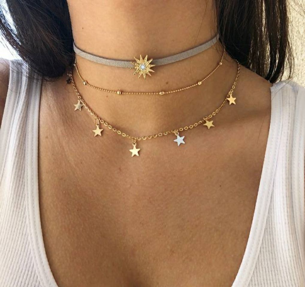 Moda Colar chocker de estrela com sol