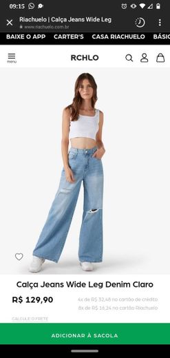 Calça jeans wide leg denim claro