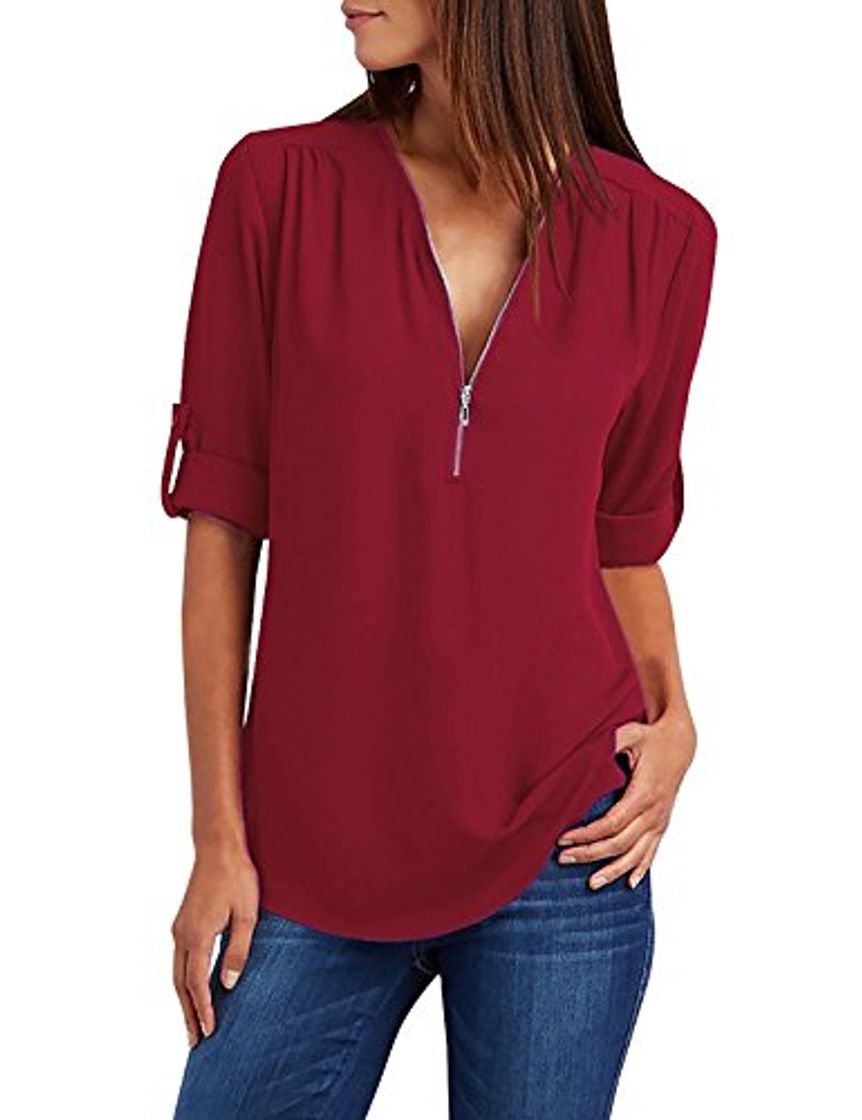 Fashion Tuopuda Mujer Blusas y Camisa Cuello V Camisetas Cremallera Gasa Blusas Sueltas Camisas de Manga Larga Ajustable Tops