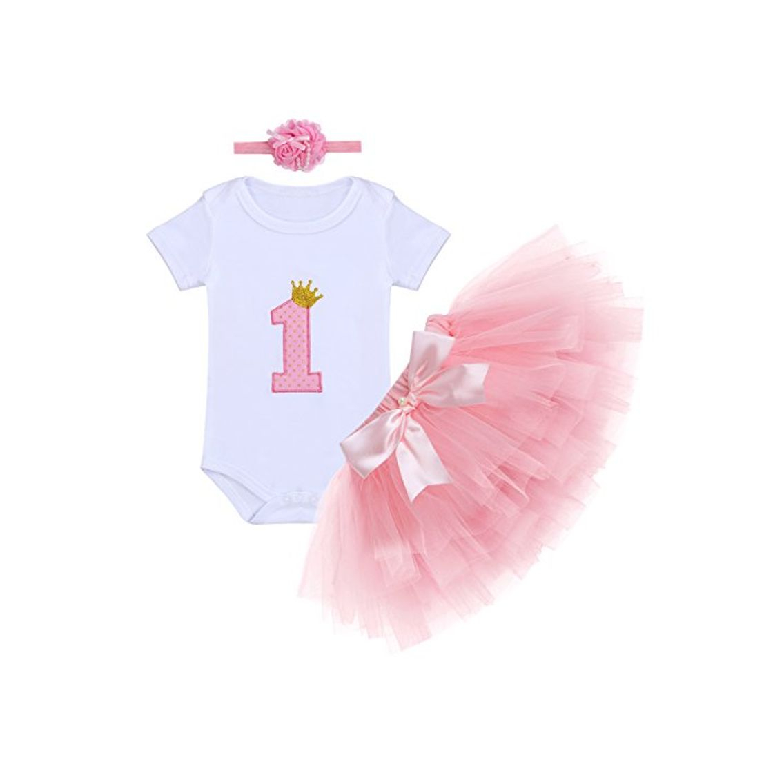 Moda FYMNSI Infantil Bebé Niña 1er Primer Cumpleaños Verano Manga Corta Mameluco Romper Body Tutú Falda con Bowknot Diadema 3pcs Traje de Pijama 1 Año Fiesta Fotografía Vestir Regalo Rosa #1