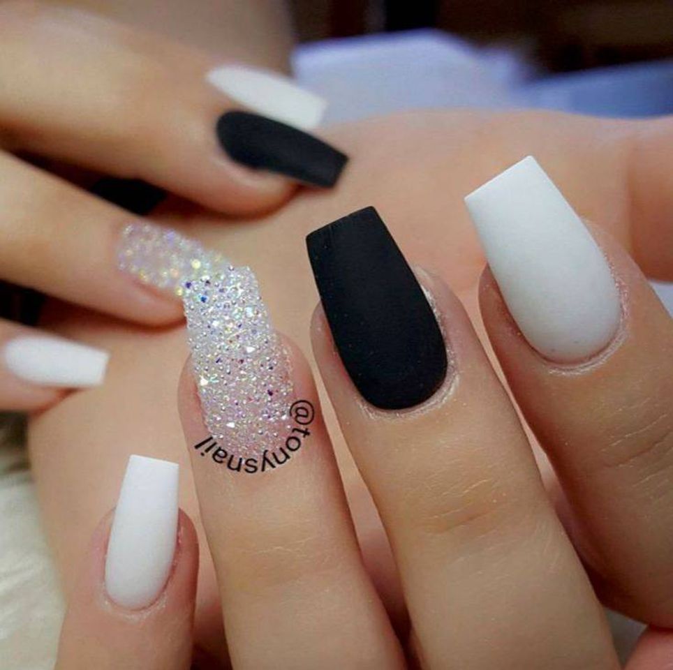 Matte black, sparkles and white 