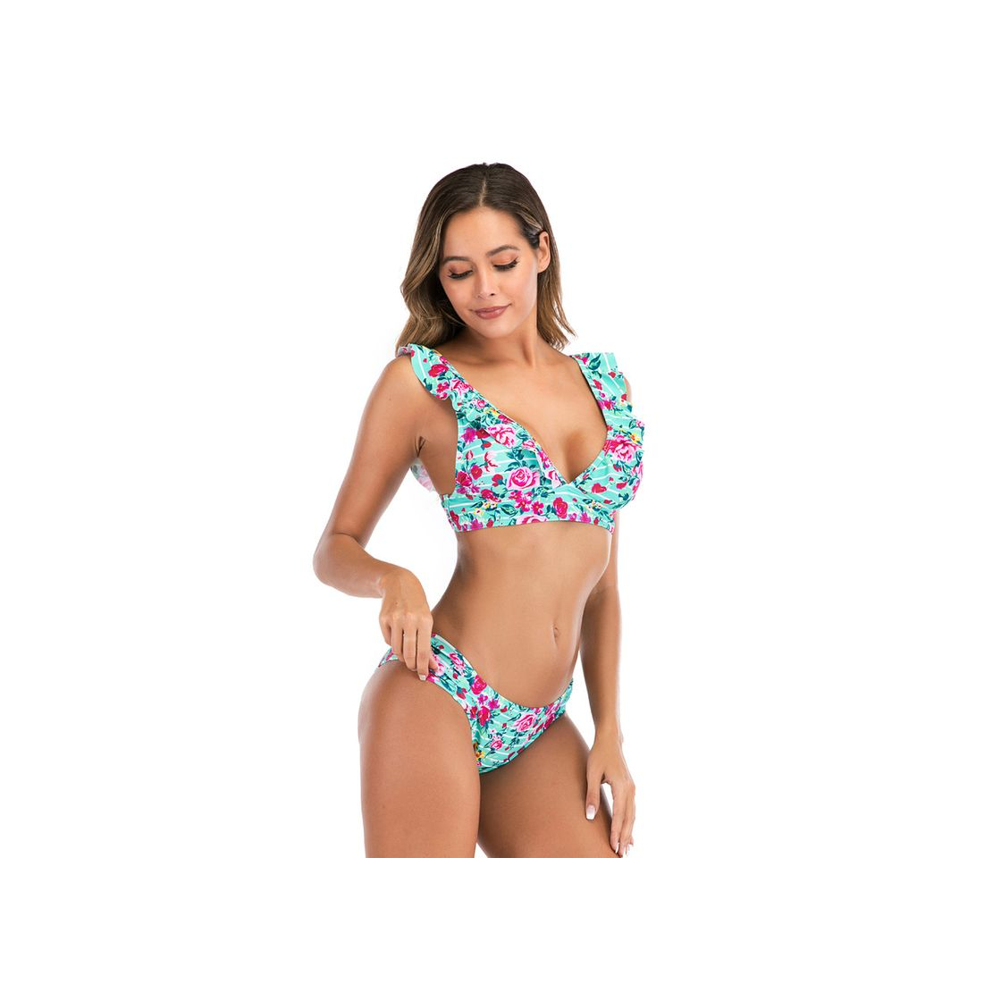 Bikini Talle Alto Cuello Halter Punto Volantes Bikinis con Relleno Mujer Niña Bañador Bandeau Push Up Dos Piezas Natacion Trajes de Baño Mujer Bañadores Señora Playa Trikini Biquini Chica Floral 128